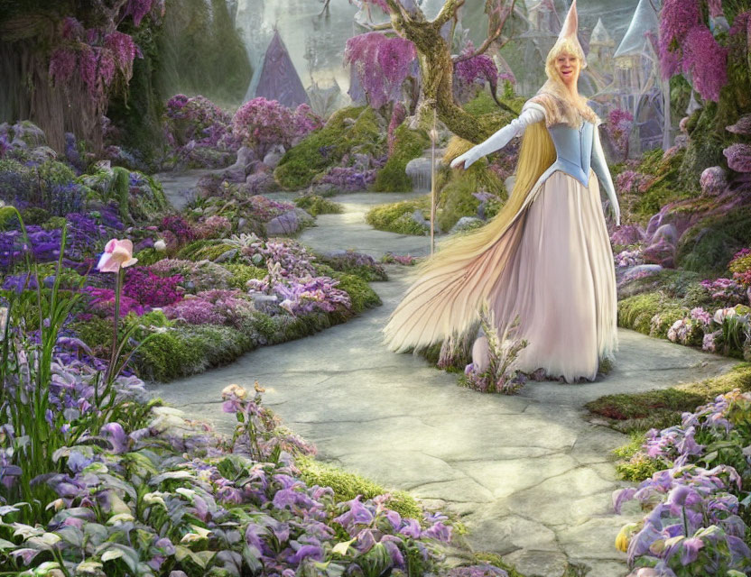 Blond fairy in flowing gown with wand in magical garden