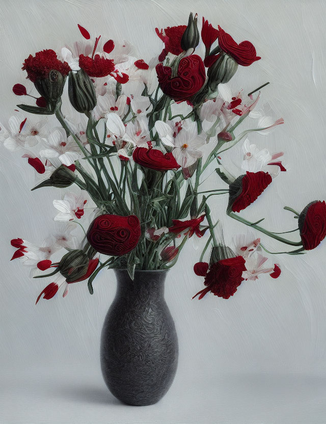 Textured painting of dark vase with red and white flowers