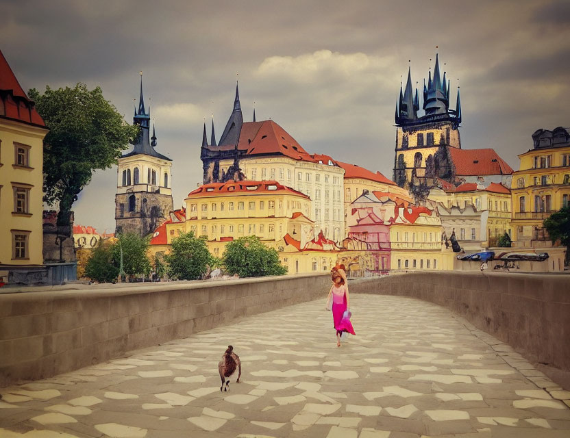 Child in pink dress running towards duck on cobblestone bridge with historical buildings and spires under cloudy