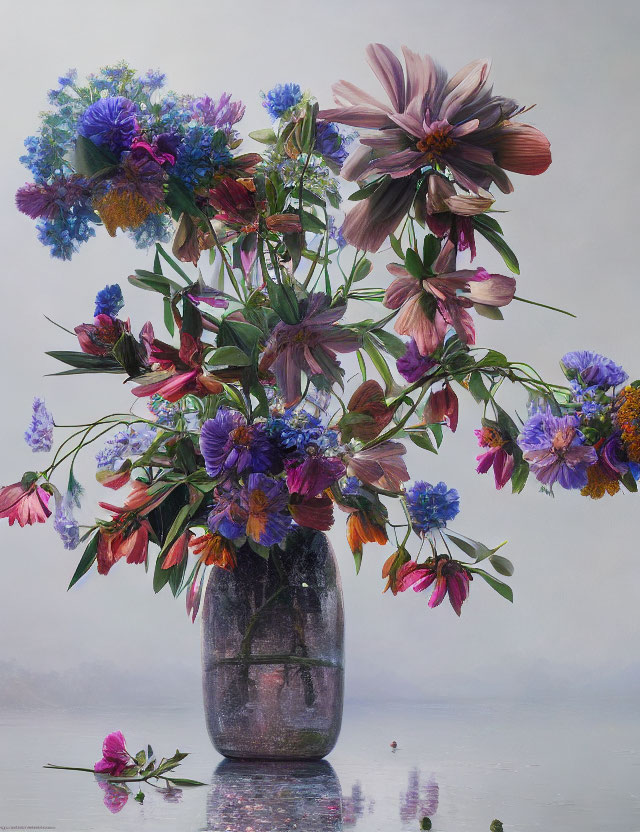 Colorful Flower Bouquet in Translucent Vase on Misty Background