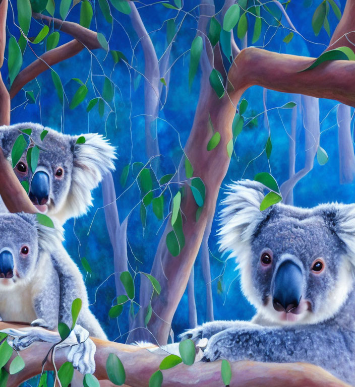 Three koalas in eucalyptus tree against blue background