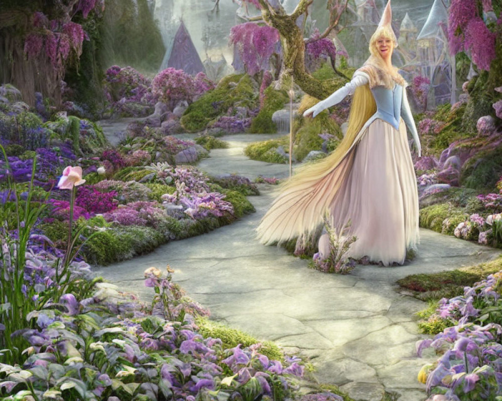 Blond fairy in flowing gown with wand in magical garden