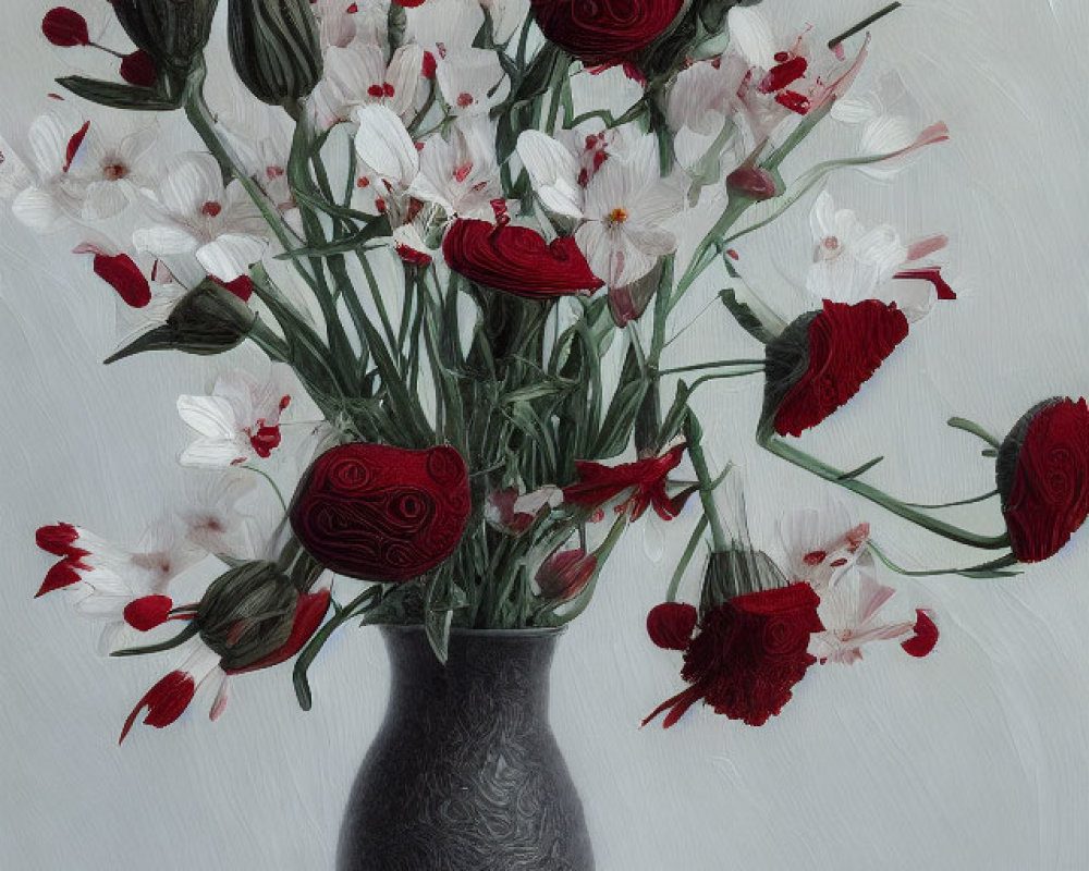 Textured painting of dark vase with red and white flowers