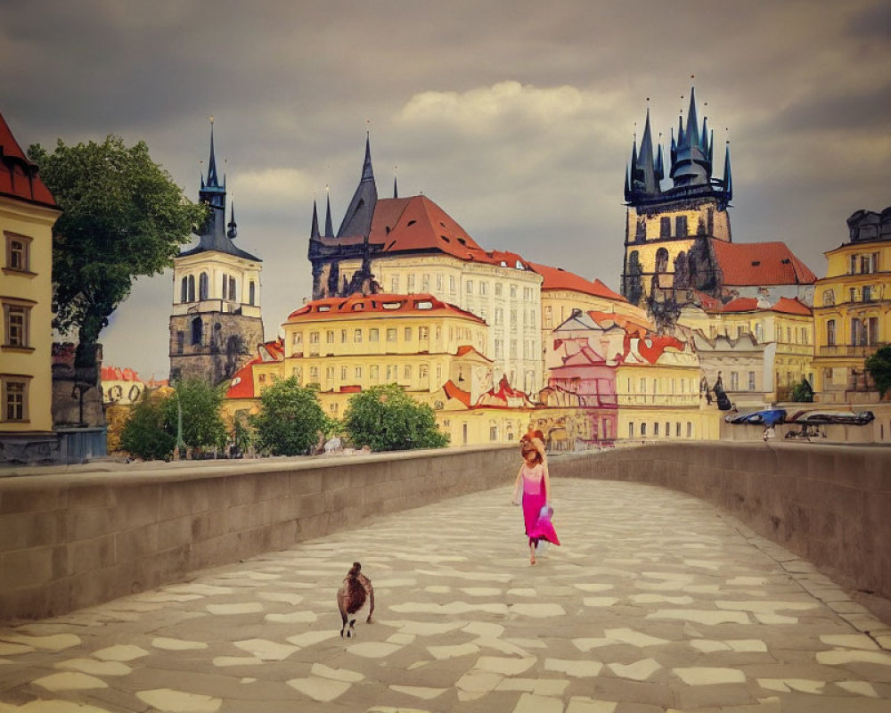 Child in pink dress running towards duck on cobblestone bridge with historical buildings and spires under cloudy