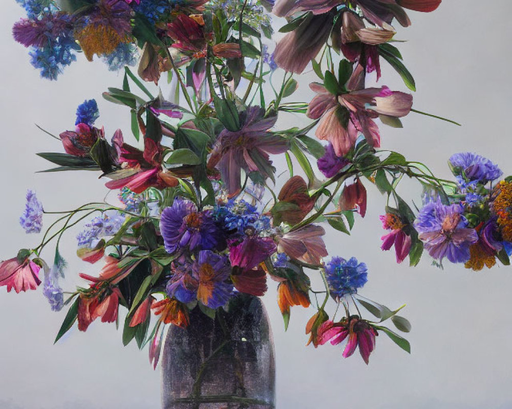 Colorful Flower Bouquet in Translucent Vase on Misty Background