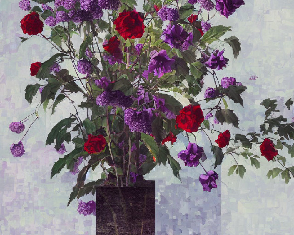 Purple blooms and red roses in dark vase on textured background