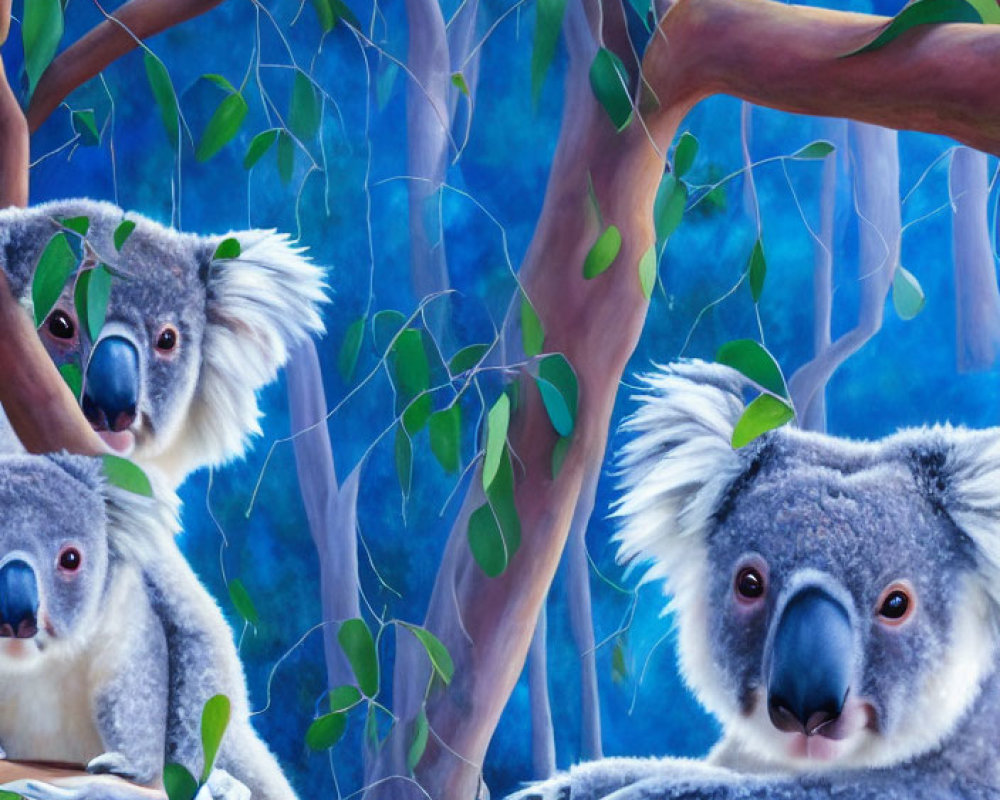 Three koalas in eucalyptus tree against blue background