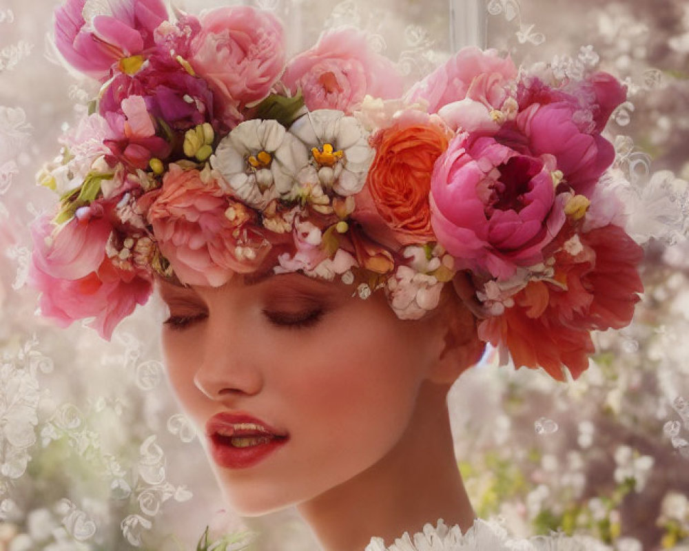 Woman with floral wreath posing by window amidst soft-focus flowers