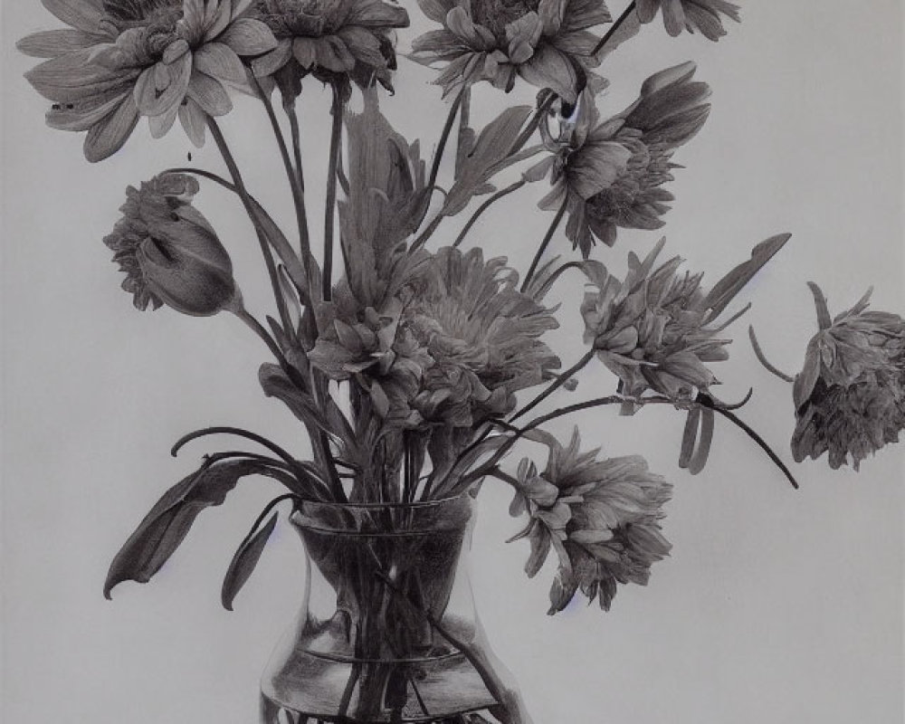 Detailed pencil sketch of vase with flower bouquet, showcasing realistic textures and shading