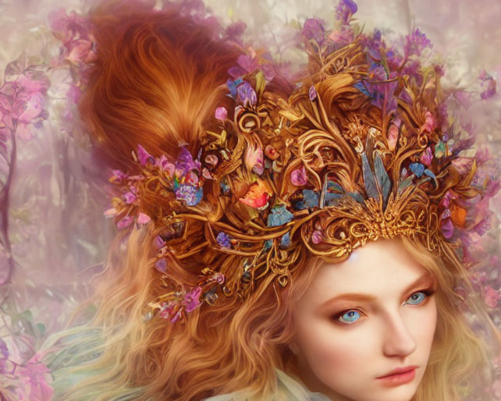 Digital Artwork: Woman with Golden Headpiece, Red Hair, Blue Eyes, Feathery Att