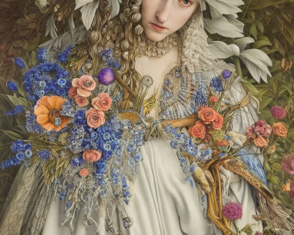 Detailed Artwork: Woman with Pale Skin Surrounded by Floral Arrangements, Feathers, and