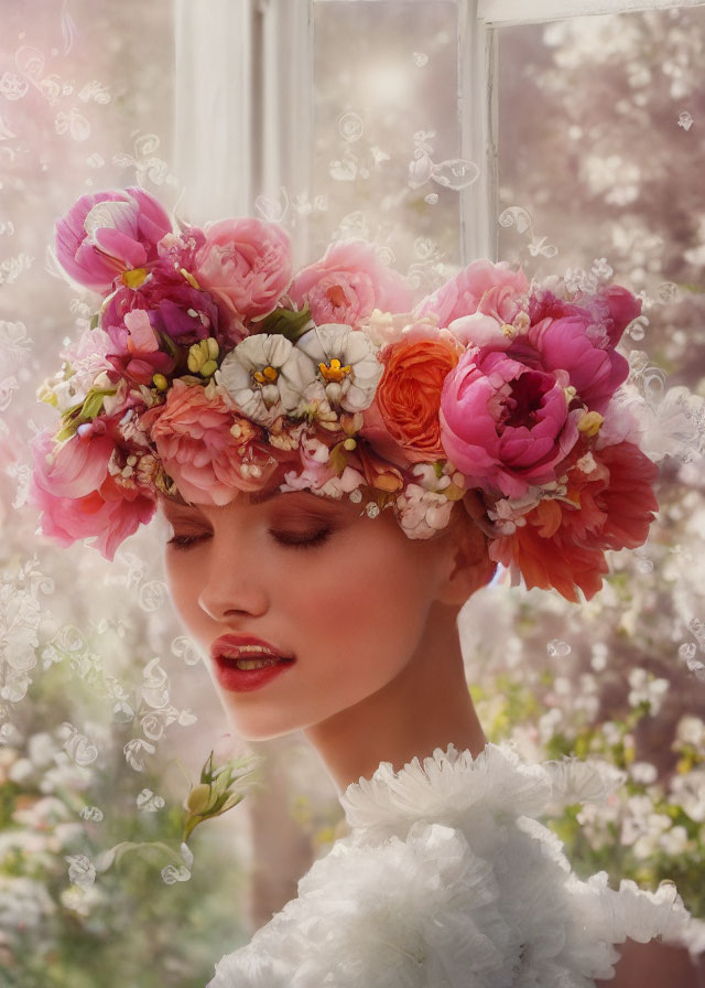 Woman with floral wreath posing by window amidst soft-focus flowers