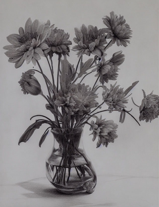 Detailed pencil sketch of vase with flower bouquet, showcasing realistic textures and shading