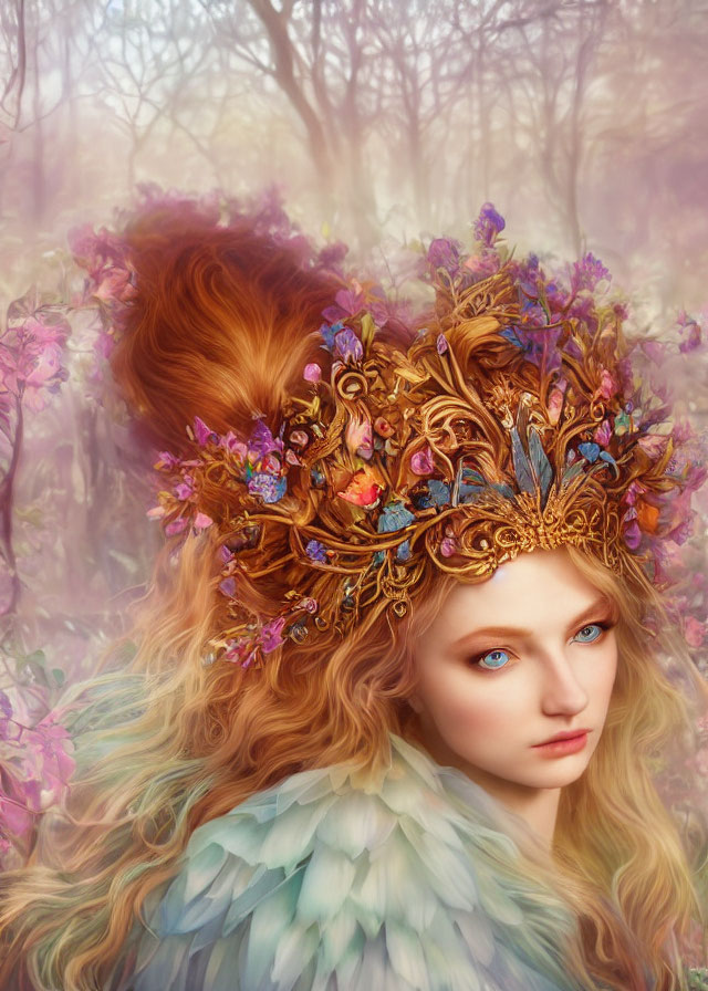 Digital Artwork: Woman with Golden Headpiece, Red Hair, Blue Eyes, Feathery Att