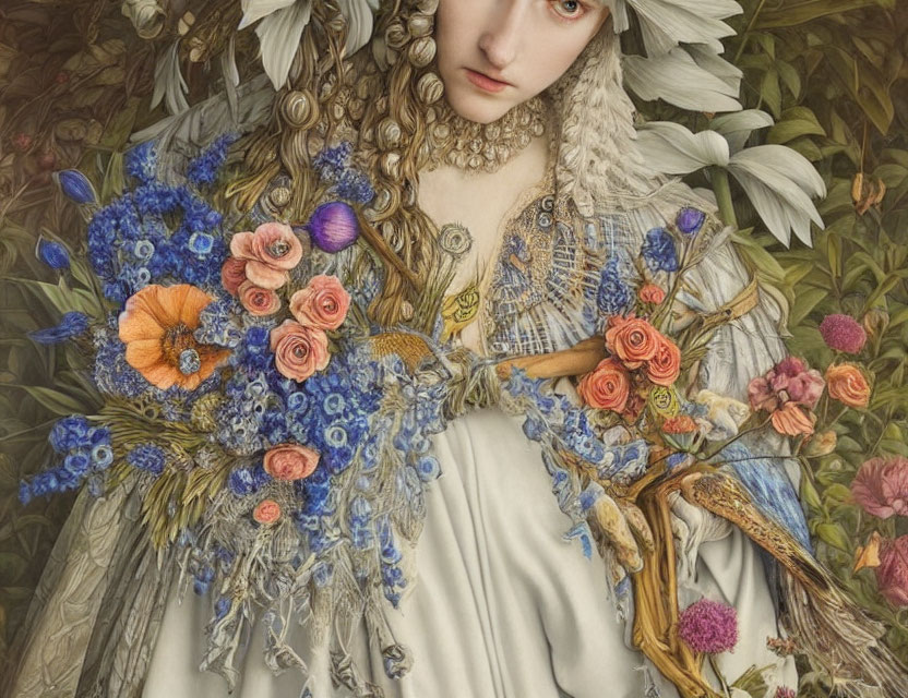 Detailed Artwork: Woman with Pale Skin Surrounded by Floral Arrangements, Feathers, and