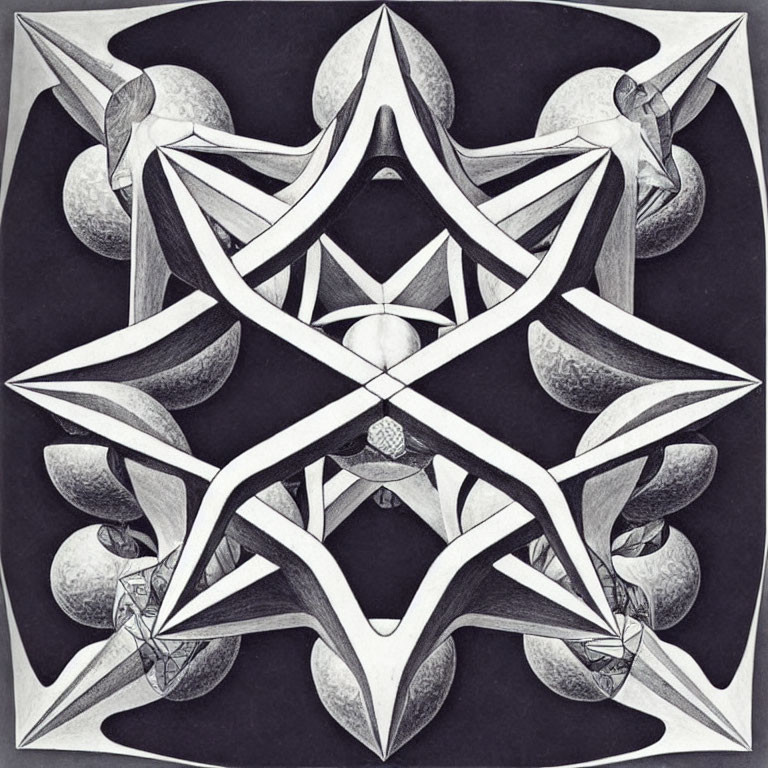 Symmetrical black and white abstract drawing with star-like patterns and spherical shapes