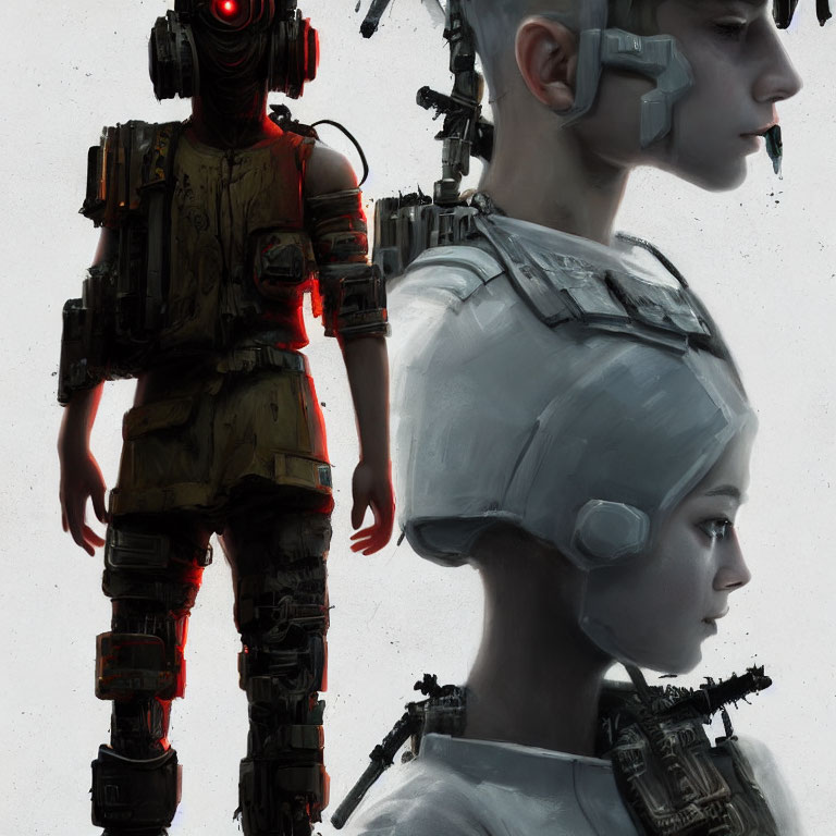 Detailed Female Cyborg with Mechanical Body and Human-like Face Standing Profile View