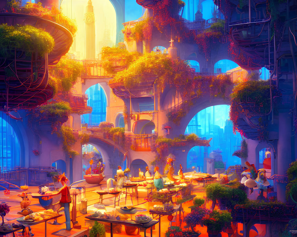 Fantasy cityscape with towering tree structures and whimsical architecture