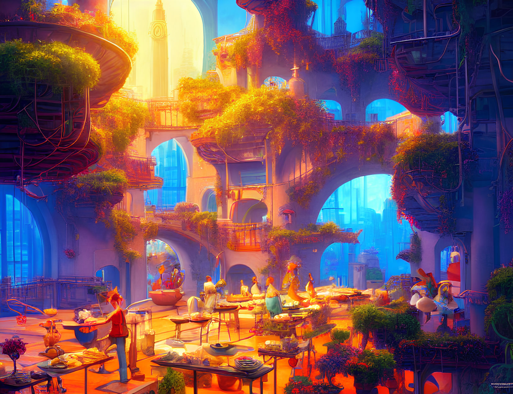 Fantasy cityscape with towering tree structures and whimsical architecture