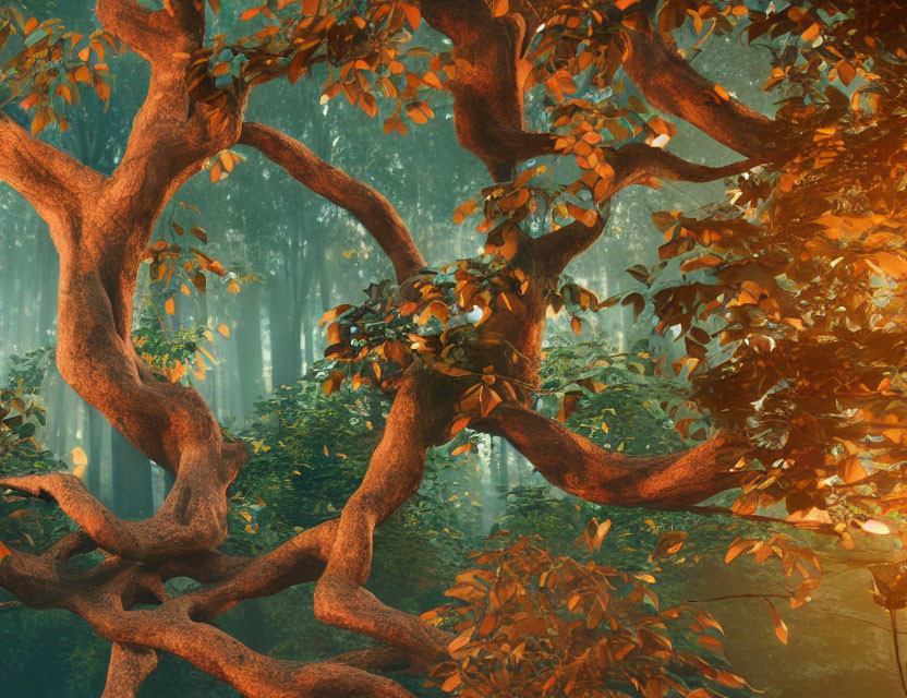 Ethereal forest with twisted trees and orange foliage in sunlight