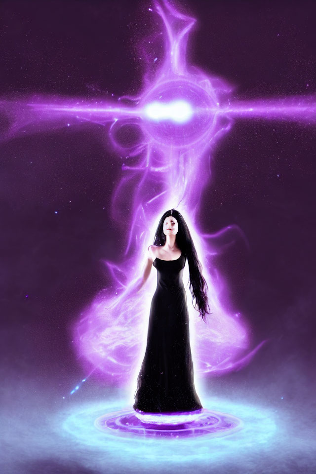 Woman in Black Dress Embraces Radiant Purple Cosmic Nebula