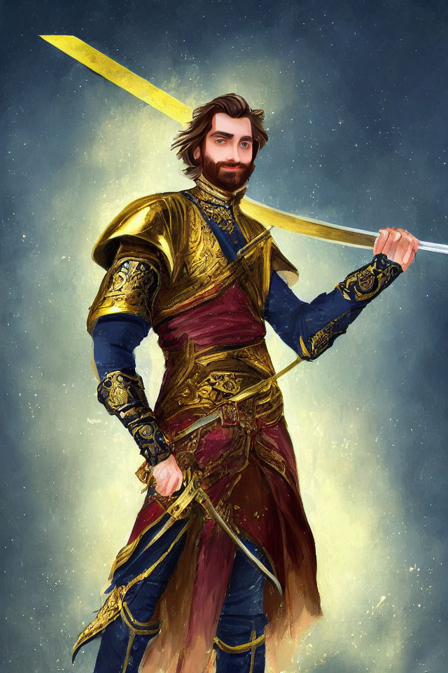 Regal figure in golden and blue armor with sword against starry backdrop