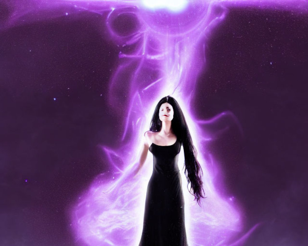 Woman in Black Dress Embraces Radiant Purple Cosmic Nebula