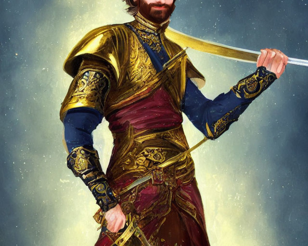 Regal figure in golden and blue armor with sword against starry backdrop