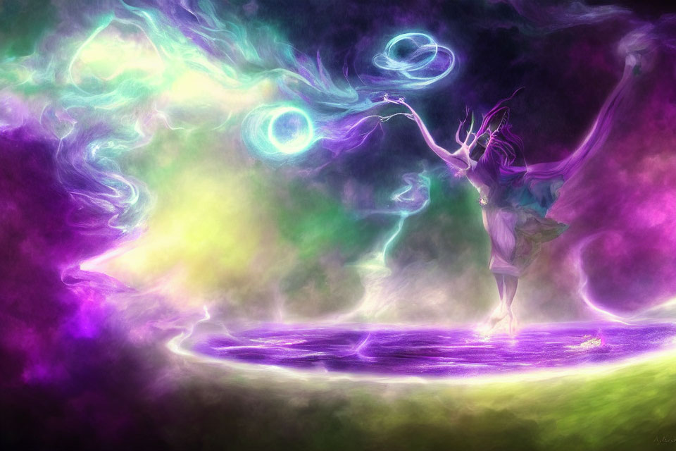 Ethereal figure conjures vibrant magical energy in mystical scene