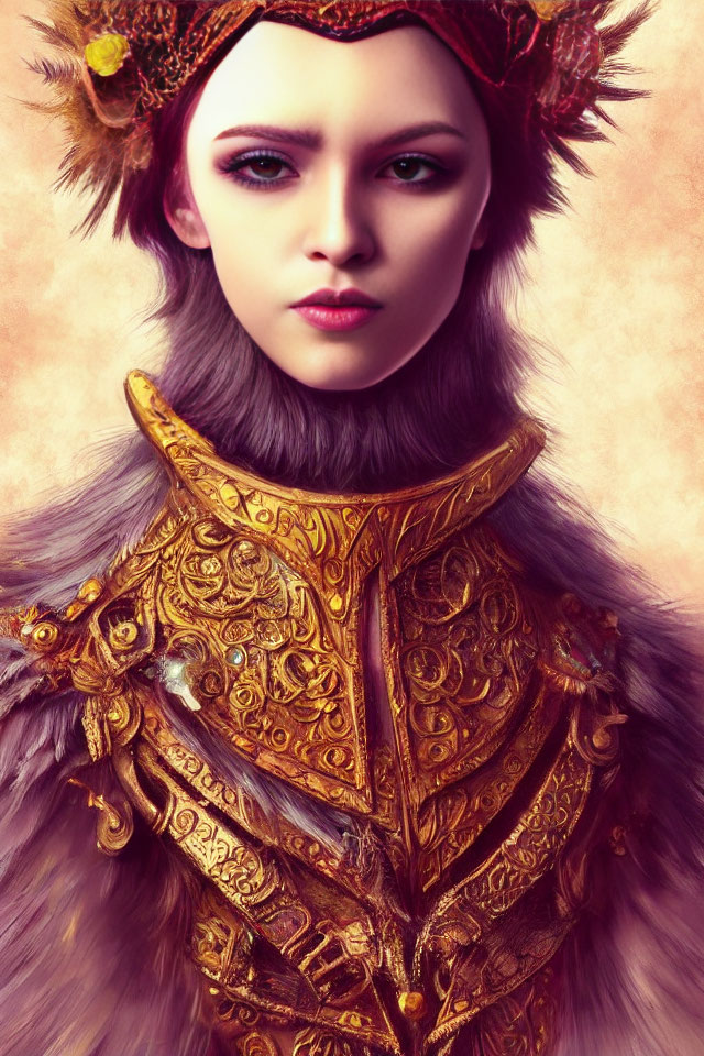 Person Portrait with Ornate Golden Armor, Intense Gaze, Autumnal Leaves & Feathers