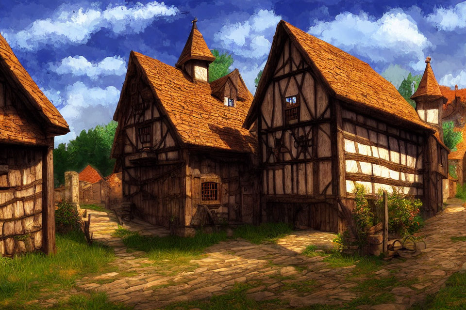 Medieval village scene with half-timbered houses and cobblestone path