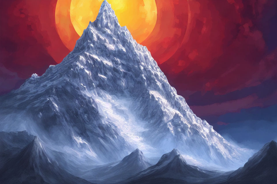 Snow-Covered Mountain Peak Under Red Sky with Glowing Sun