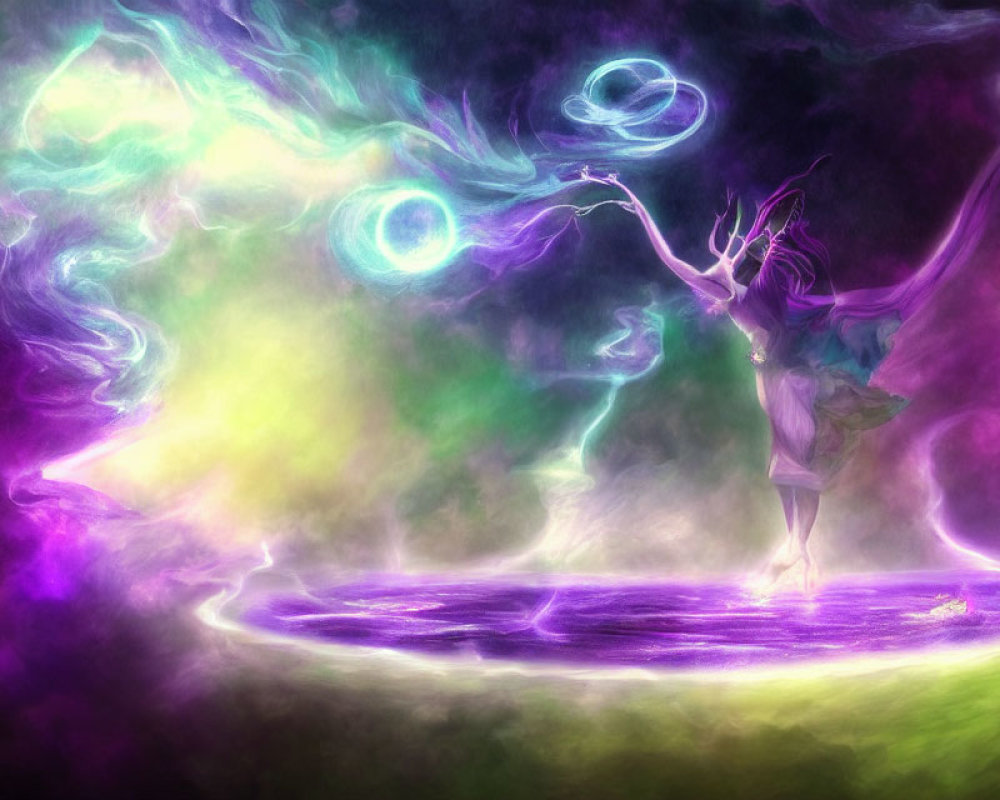 Ethereal figure conjures vibrant magical energy in mystical scene