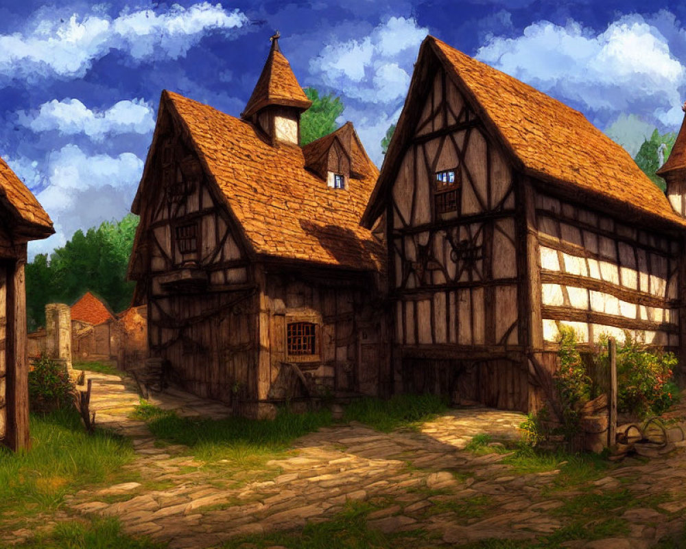 Medieval village scene with half-timbered houses and cobblestone path