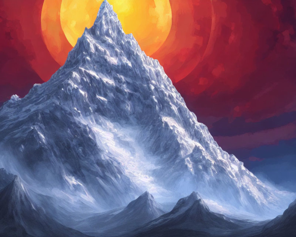 Snow-Covered Mountain Peak Under Red Sky with Glowing Sun