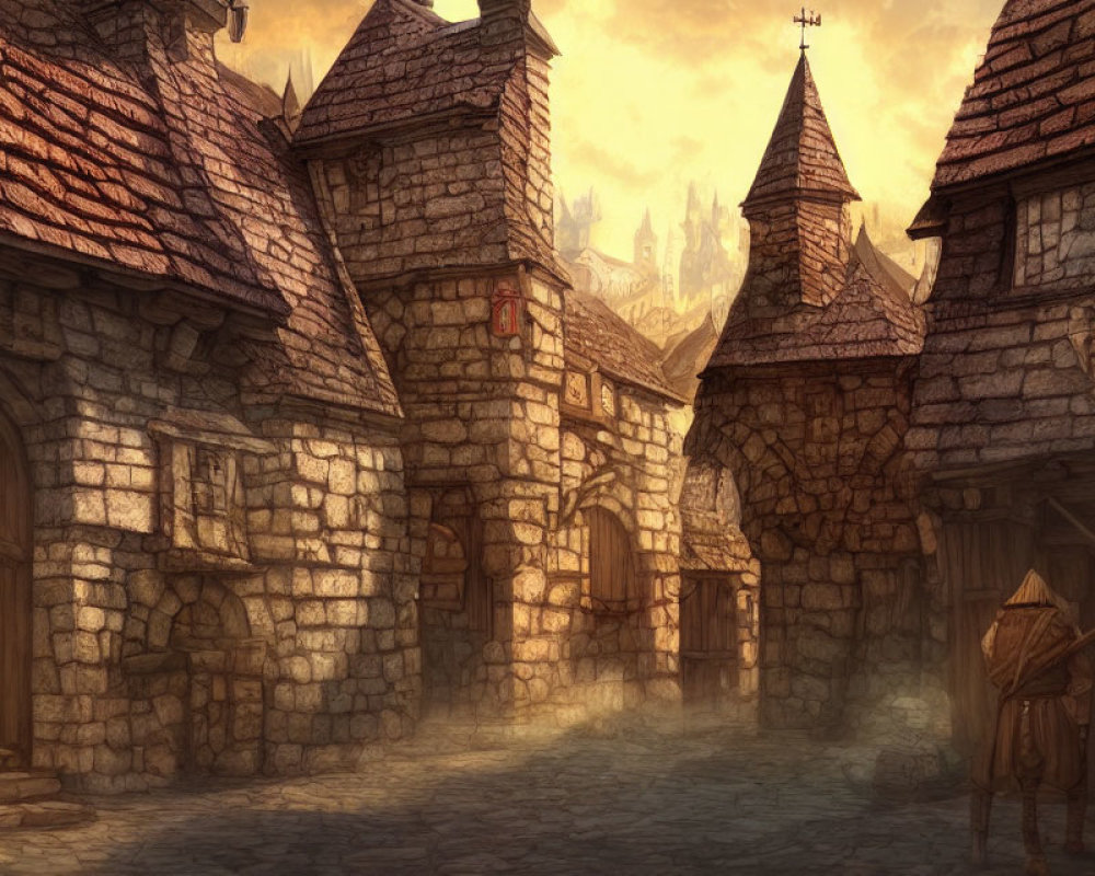 Medieval village street at sunset with cobblestone paths, rustic houses, gate, and cloaked