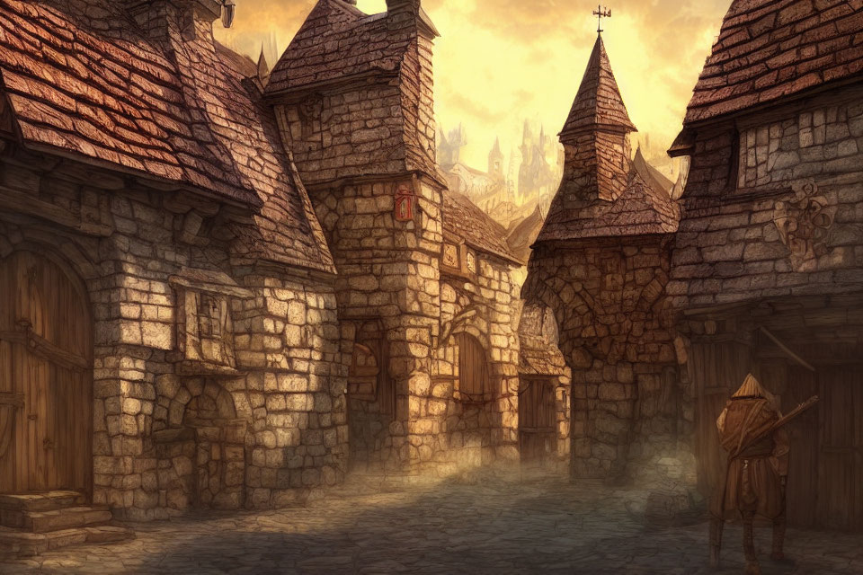 Medieval village street at sunset with cobblestone paths, rustic houses, gate, and cloaked