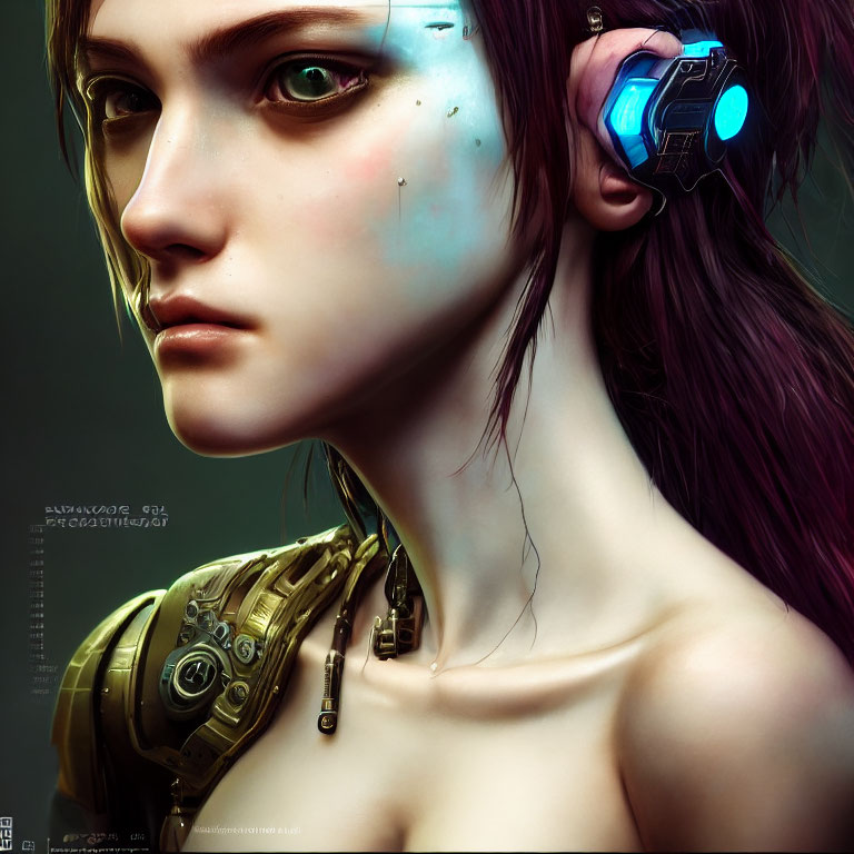 Female with cybernetic enhancements featuring mechanical neck piece and glowing blue ear device.