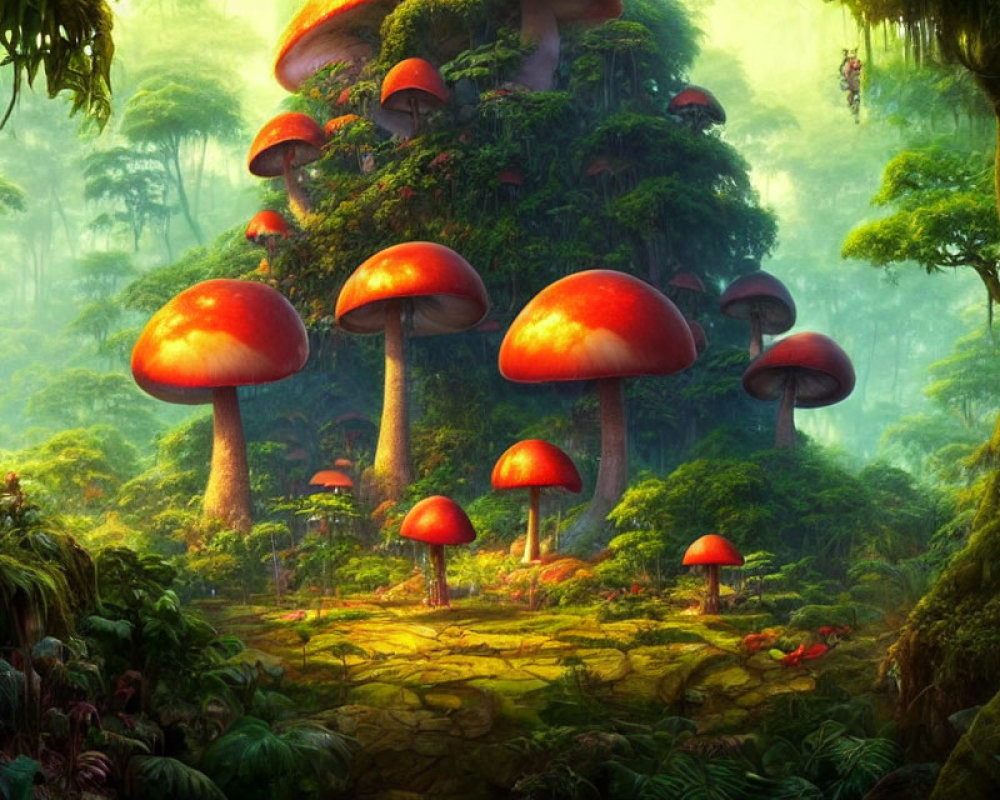 Fantasy forest scene with oversized red-capped mushrooms in lush greenery