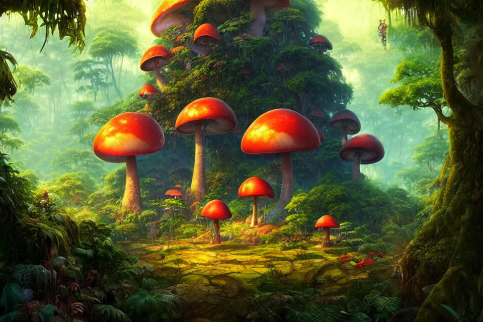 Fantasy forest scene with oversized red-capped mushrooms in lush greenery