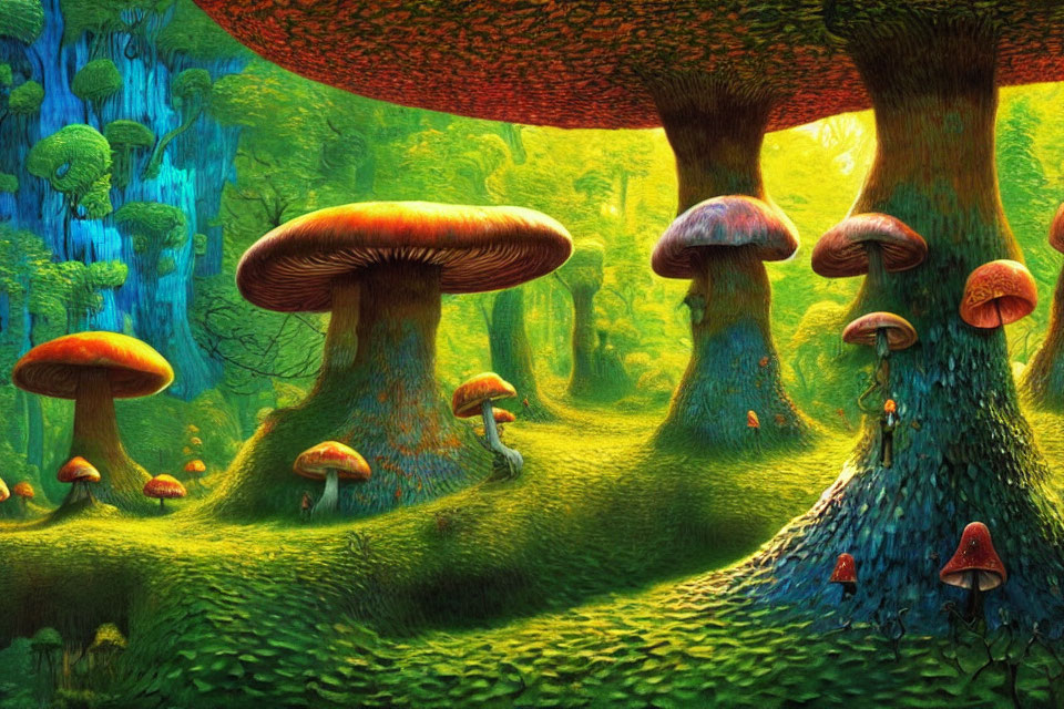 Colorful Fantasy Forest with Oversized Mushrooms and Lush Foliage