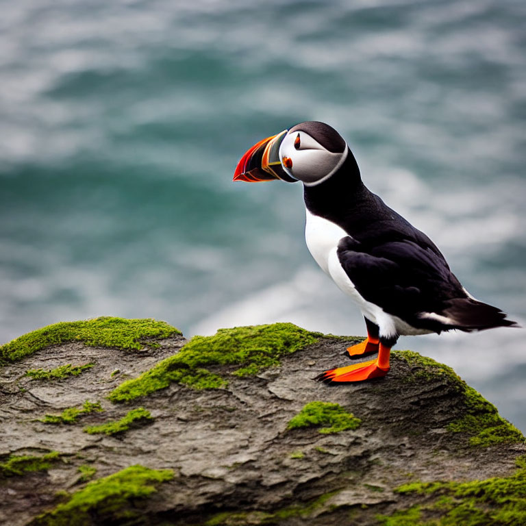 Puffin on Mossy Cliff Overlooking Sea