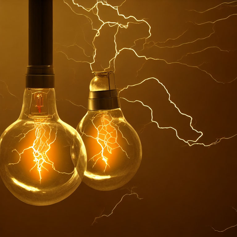 Two incandescent light bulbs with simulated electricity effect on warm background