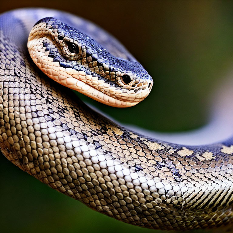 Detailed Close-Up of Coiled Snake's Textured Scales and Alert Eyes