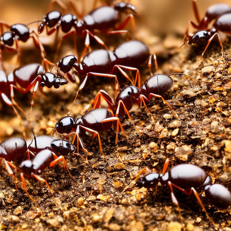 Detailed view of shiny black ants on textured surface