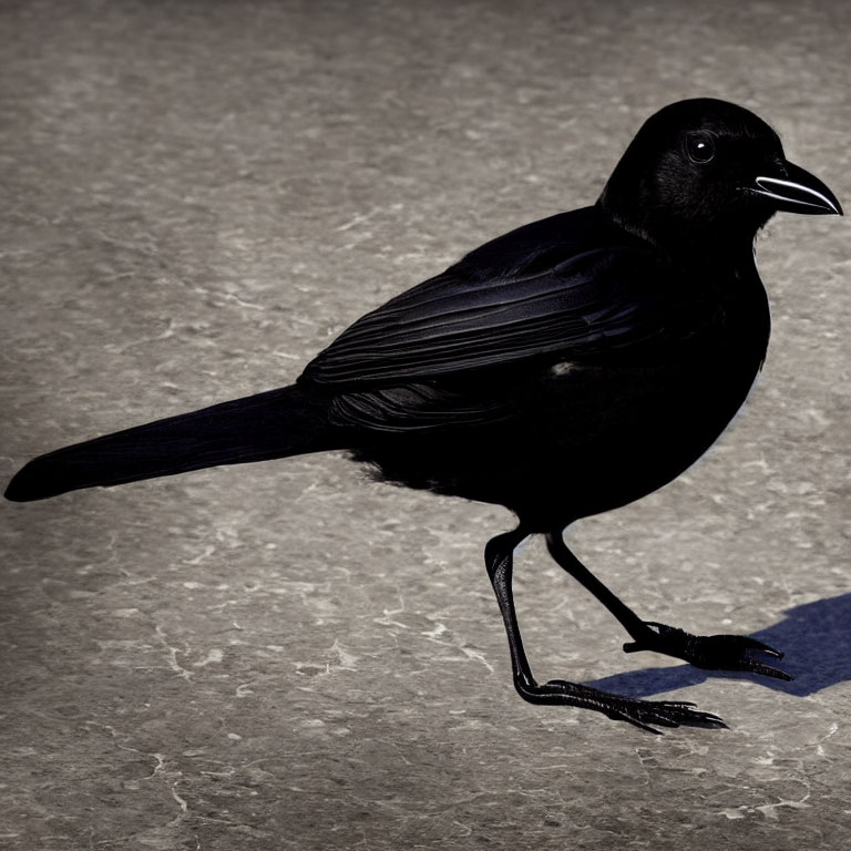 Black crow with glossy feathers on textured grey surface with sharp shadow