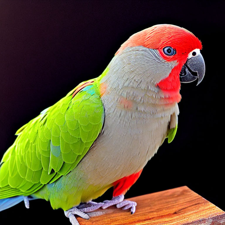 Vibrant parrot with red, blue, and green feathers on wooden perch