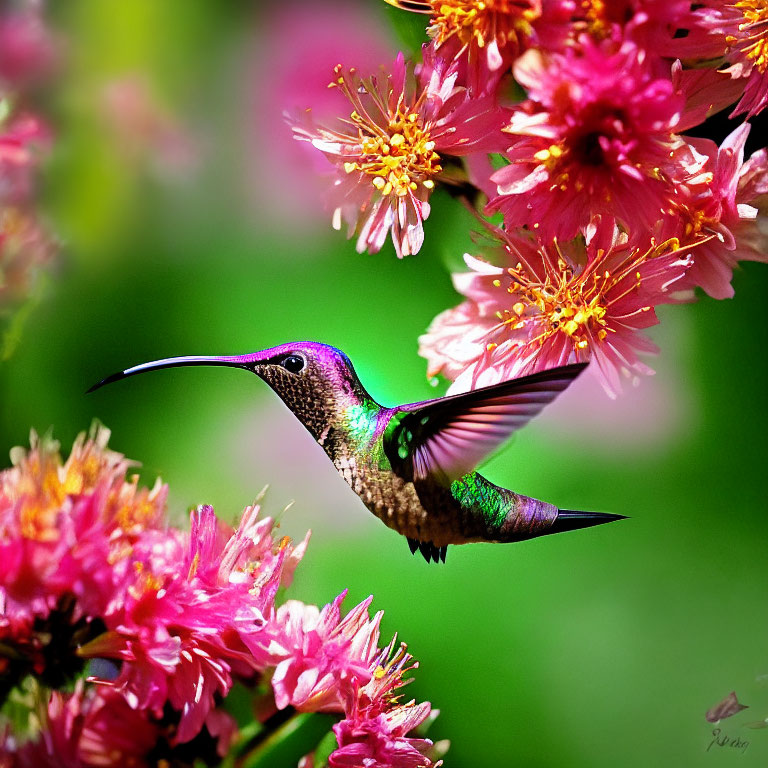 Iridescent hummingbird near vibrant pink flowers in sunlight