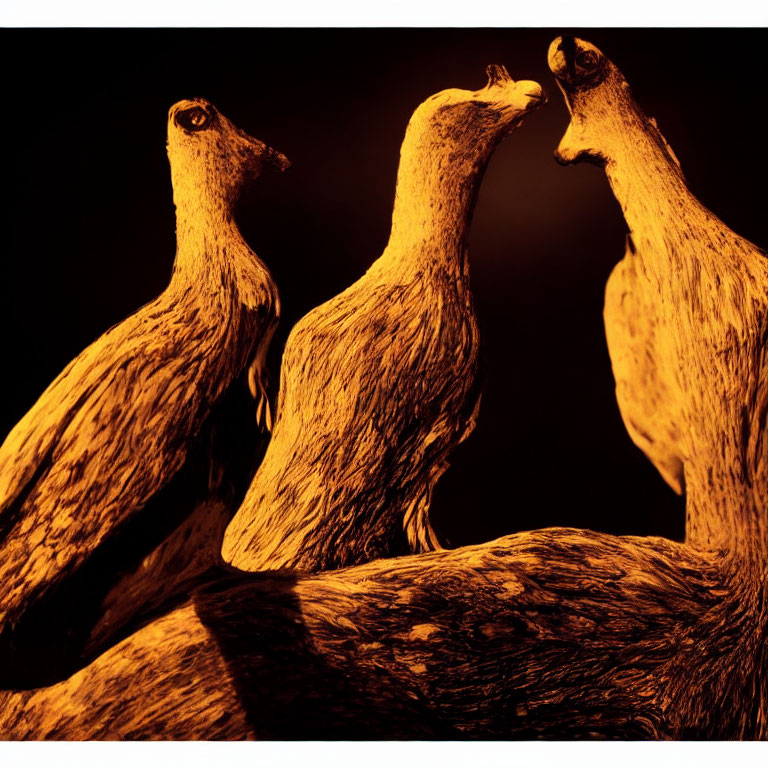 Wooden bird sculptures in intimate positions on dark background