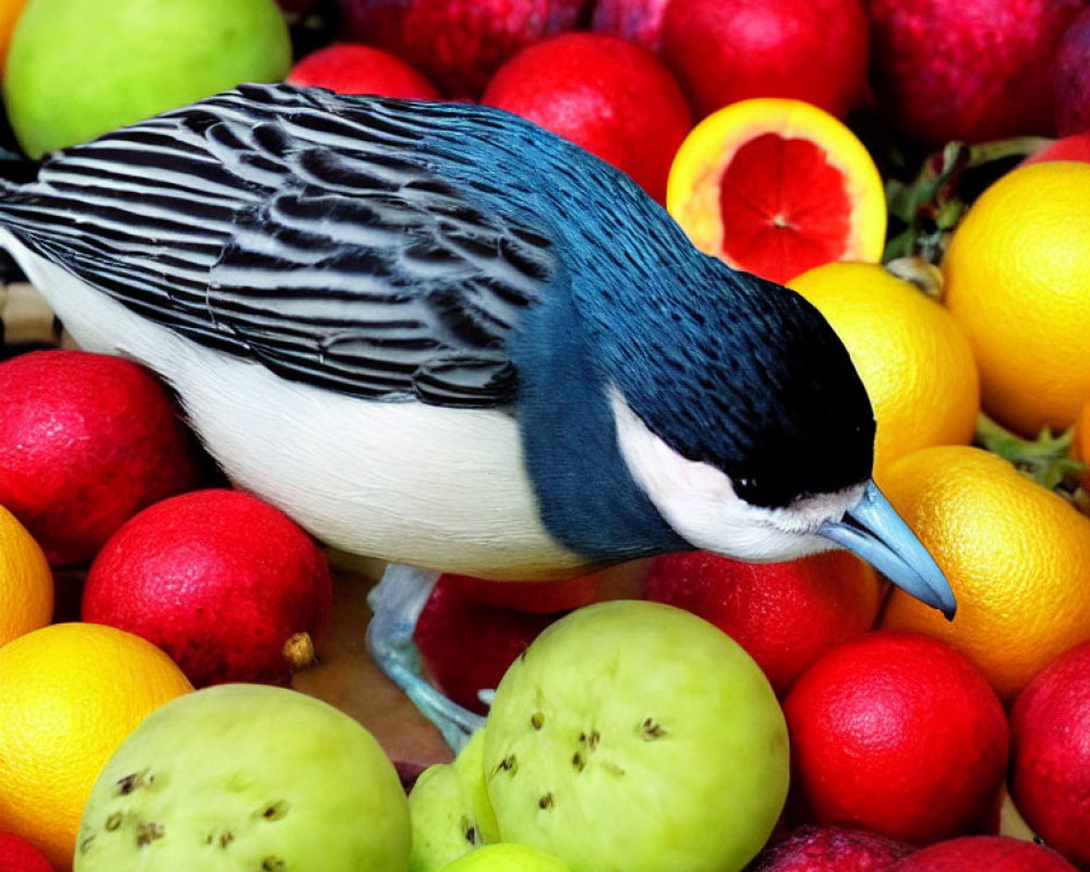 Colorful Bird Amid Vibrant Fruits in Blue and White Plumage